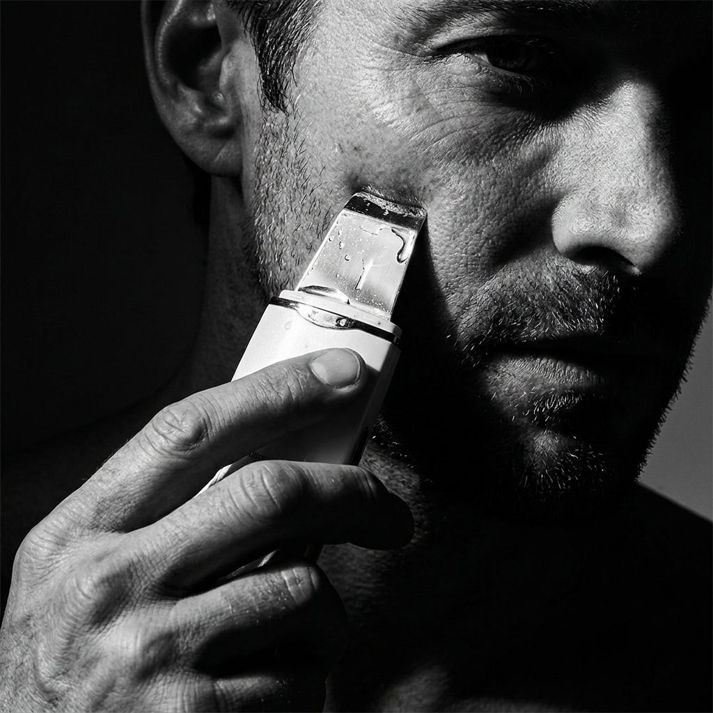 Man's hand applying ultrasonic facial cleansing device to skin